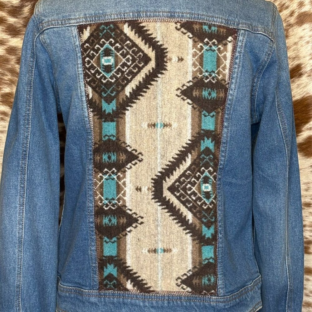 OOAK Upcycled Western Jean jacket w.Brown cream teal Aztec wool accents - S